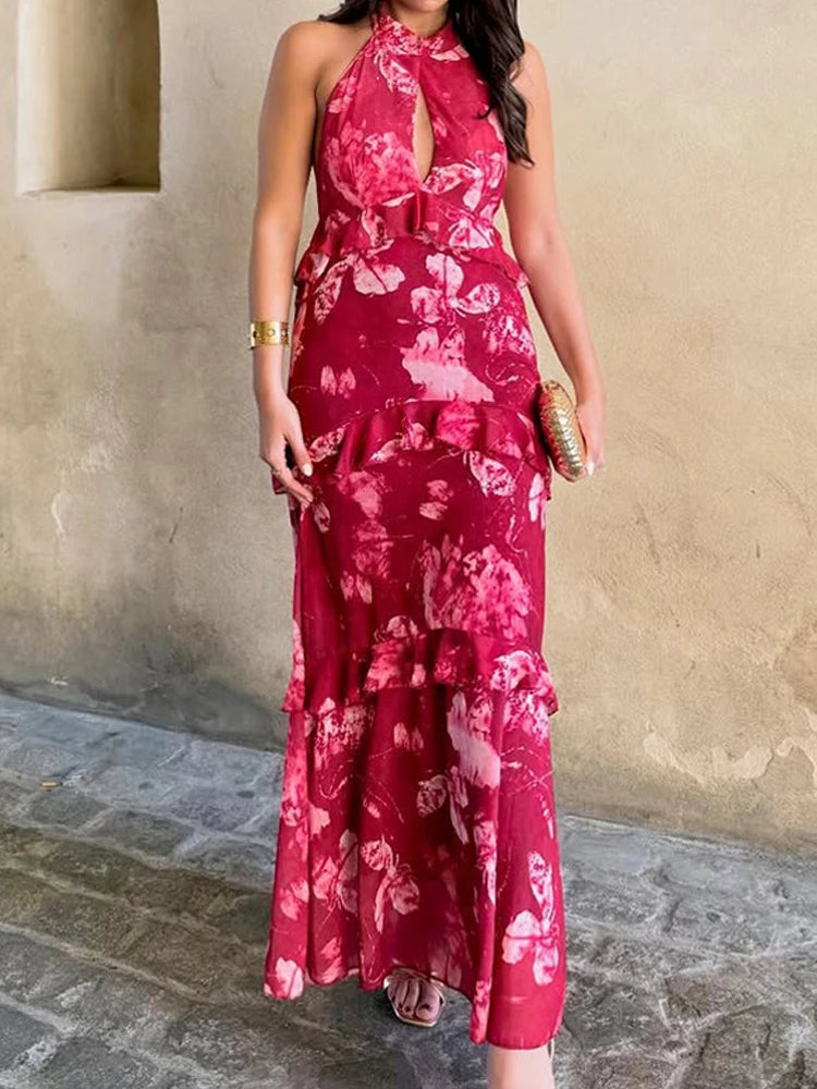 Vestido Longo com Recortes Vazados e Folhos - Veron&Co