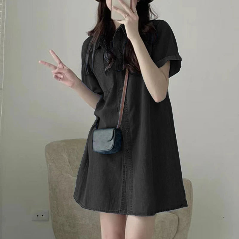 Vestido em Ganga com Corte Camiseiro e Gola Lapela - Veron&Co
