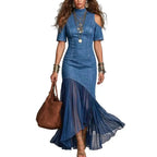 Vestido Longo em Ganga com Pregas e Inspiração Vintage - Veron&Co