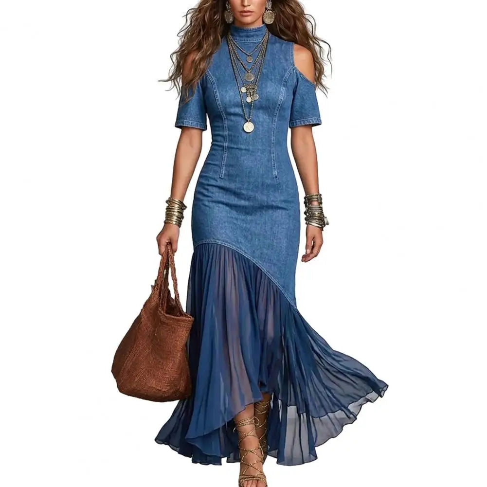 Vestido Longo em Ganga com Pregas e Inspiração Vintage - Veron&Co