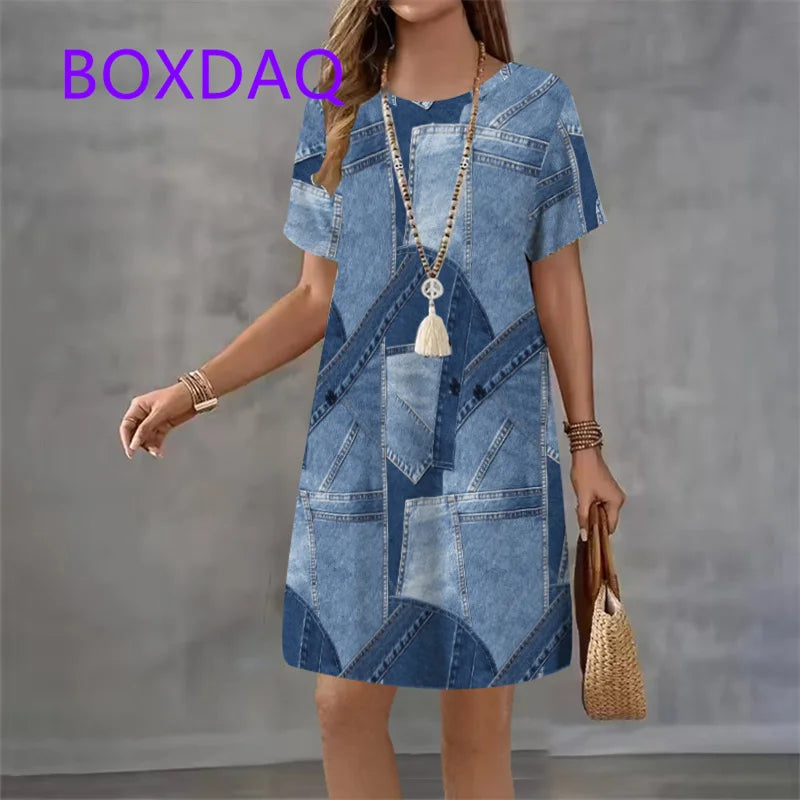 Vestido Curto em Ganga com Estampado e Manga Curta - Veron&Co