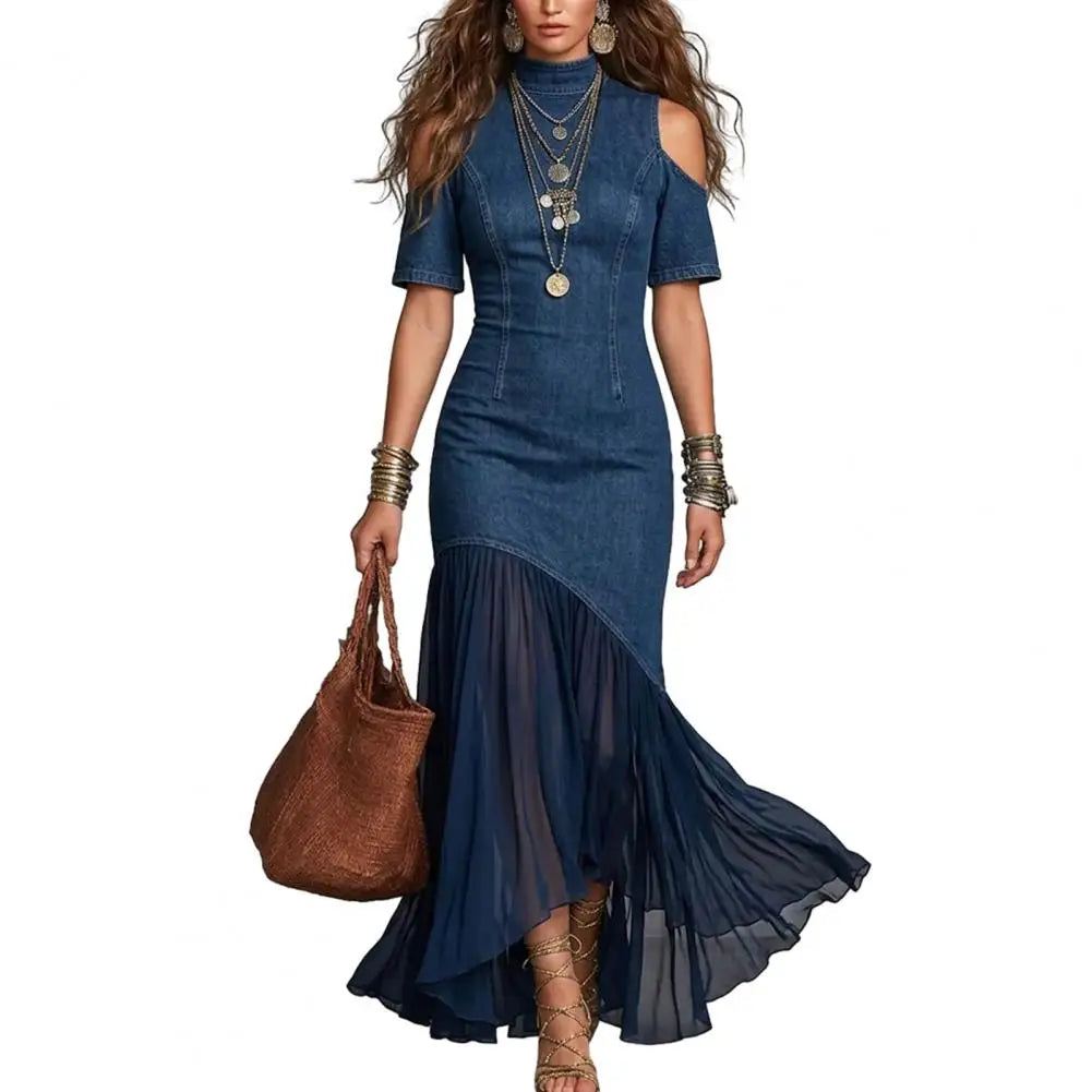Vestido Longo em Ganga com Pregas e Inspiração Vintage - Veron&Co