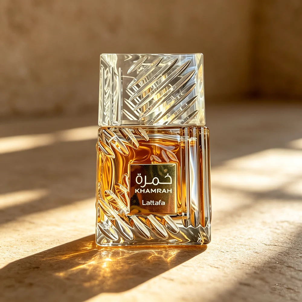 Embalagem e frasco do perfume Lattafa Khamrah 100ml