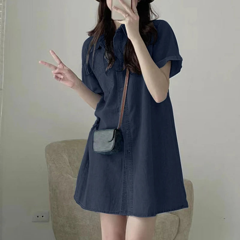 Vestido em Ganga com Corte Camiseiro e Gola Lapela - Veron&Co