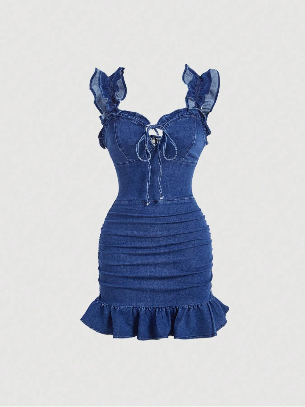 Vestido em Ganga com Folhos e Sem Mangas - Veron&Co