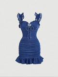 Vestido em Ganga com Folhos e Sem Mangas - Veron&Co
