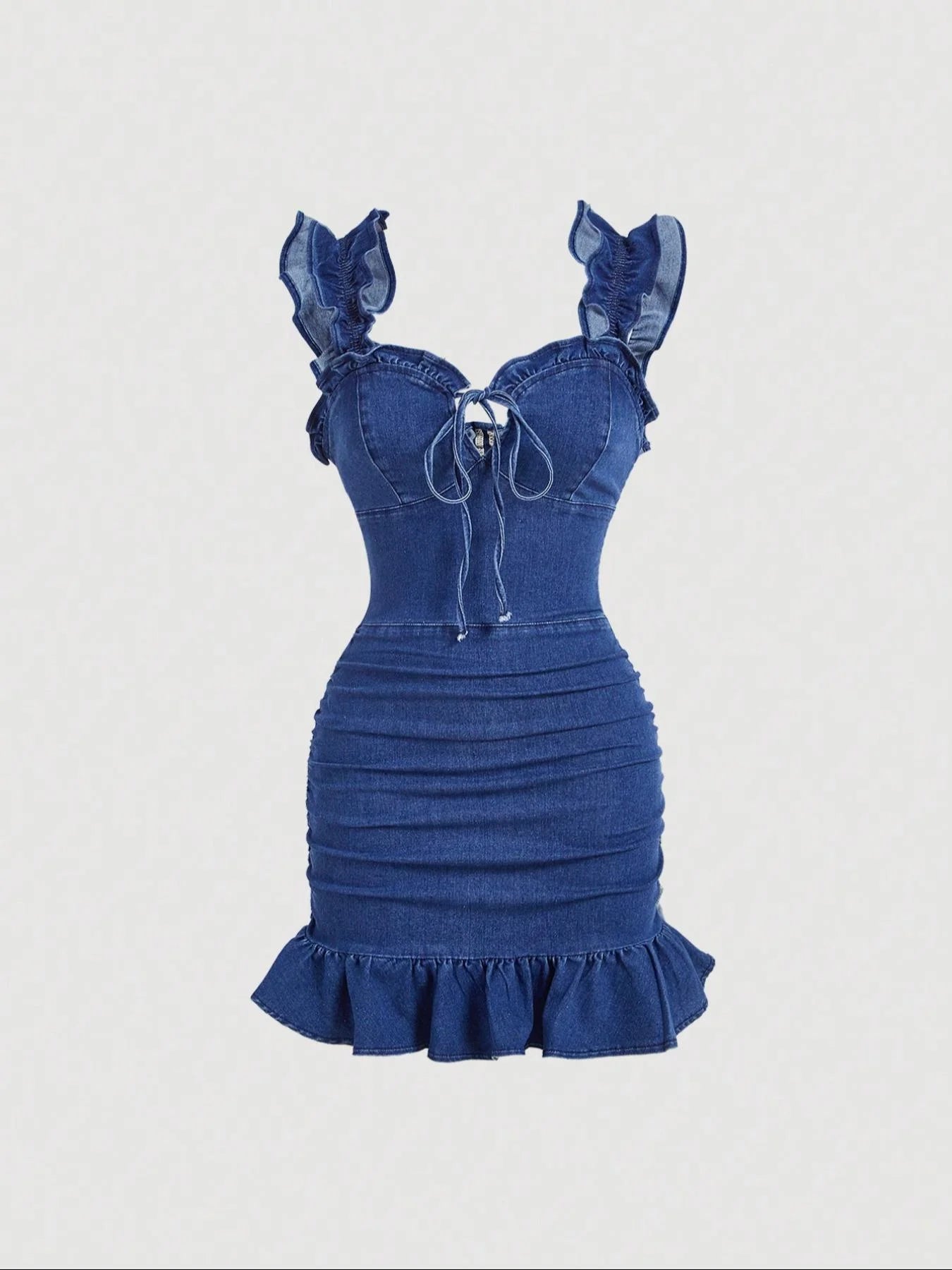 Vestido em Ganga com Folhos e Sem Mangas - Veron&Co
