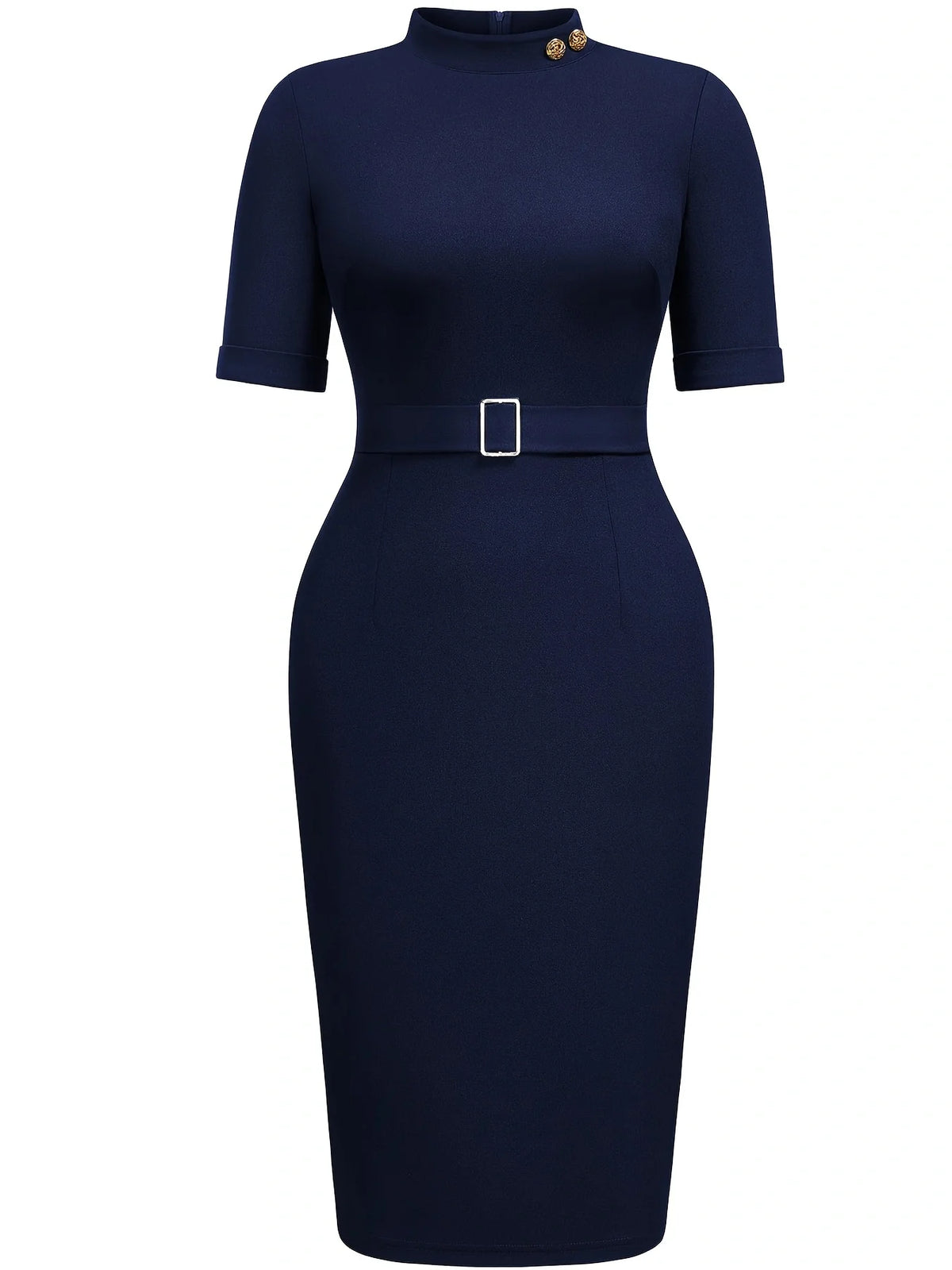 Vestido Justo com Gola Alta e Botões Dourados - Veron&Co