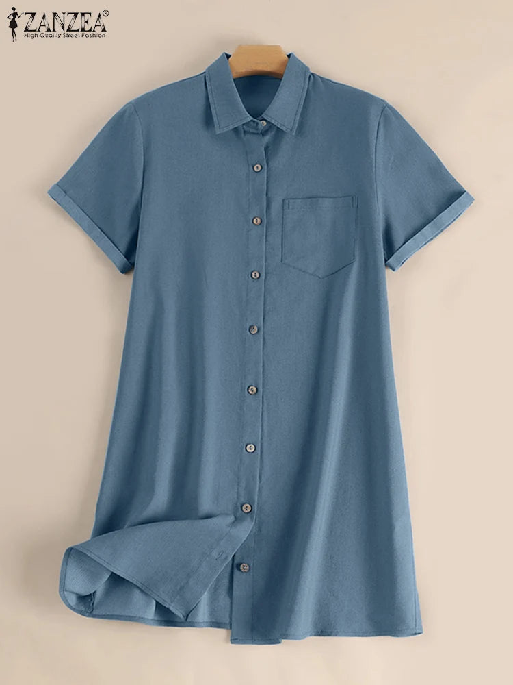 Vestido em Ganga com Corte Camiseiro e Gola Lapela - Veron&Co