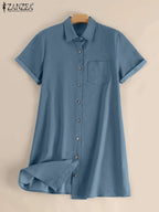 Vestido em Ganga com Corte Camiseiro e Gola Lapela - Veron&Co
