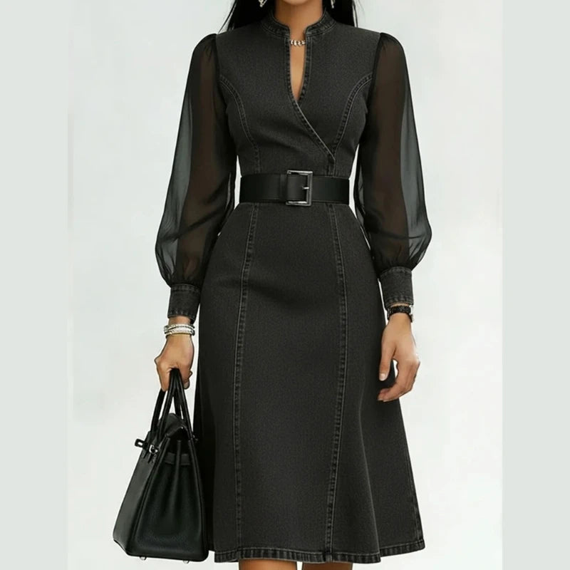 Vestido com Decote em V e Manga Comprida - Veron&Co