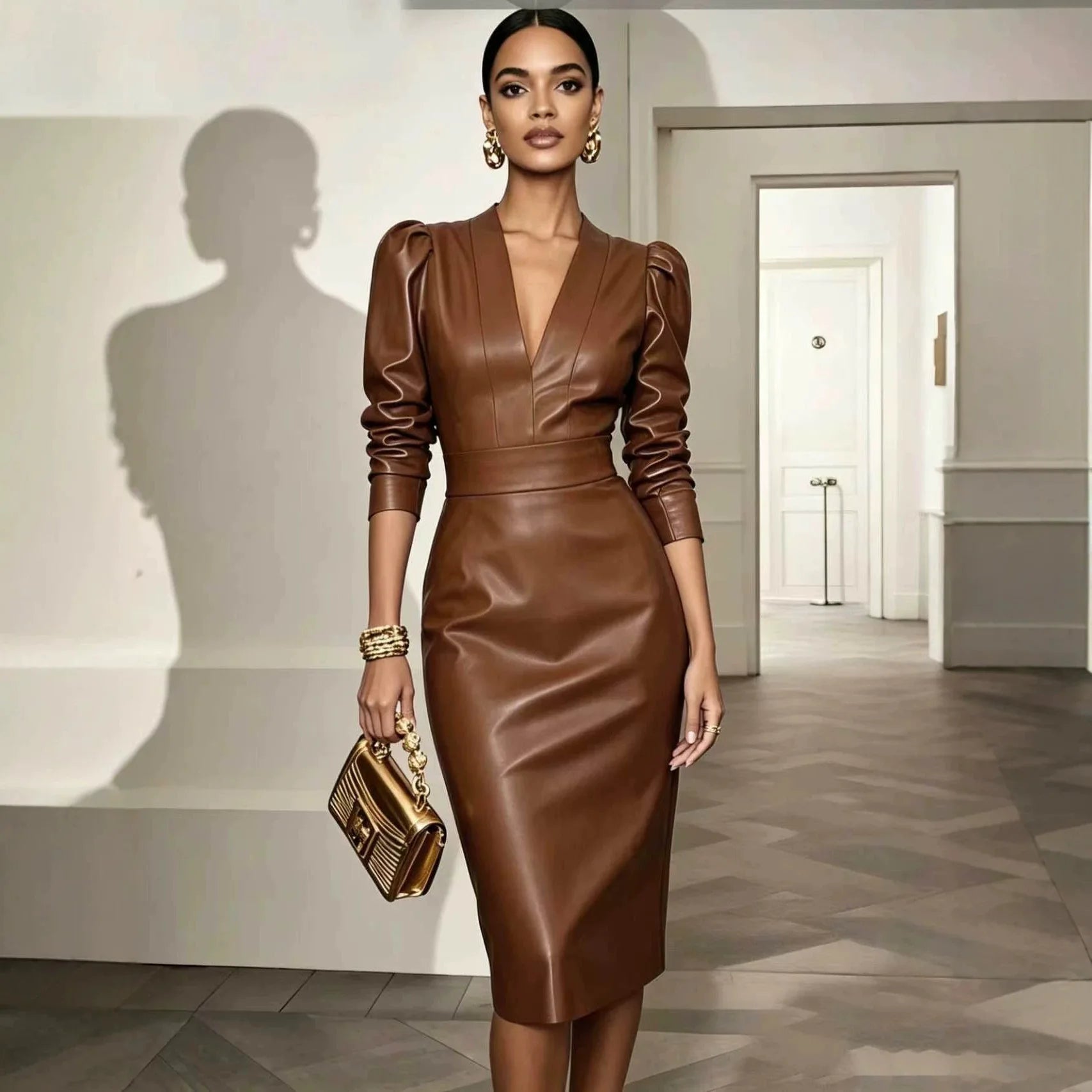 Vestido em Pele com Corte Justo e Manga Comprida - Veron&Co