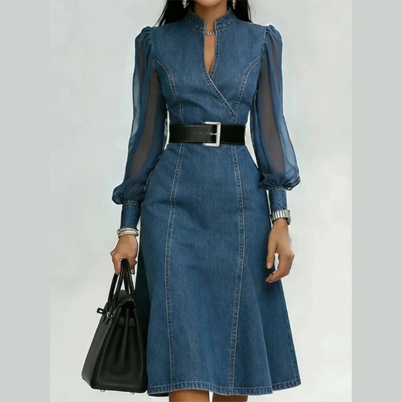 Vestido com Decote em V e Manga Comprida - Veron&Co