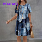 Vestido Curto em Ganga com Estampado e Manga Curta - Veron&Co