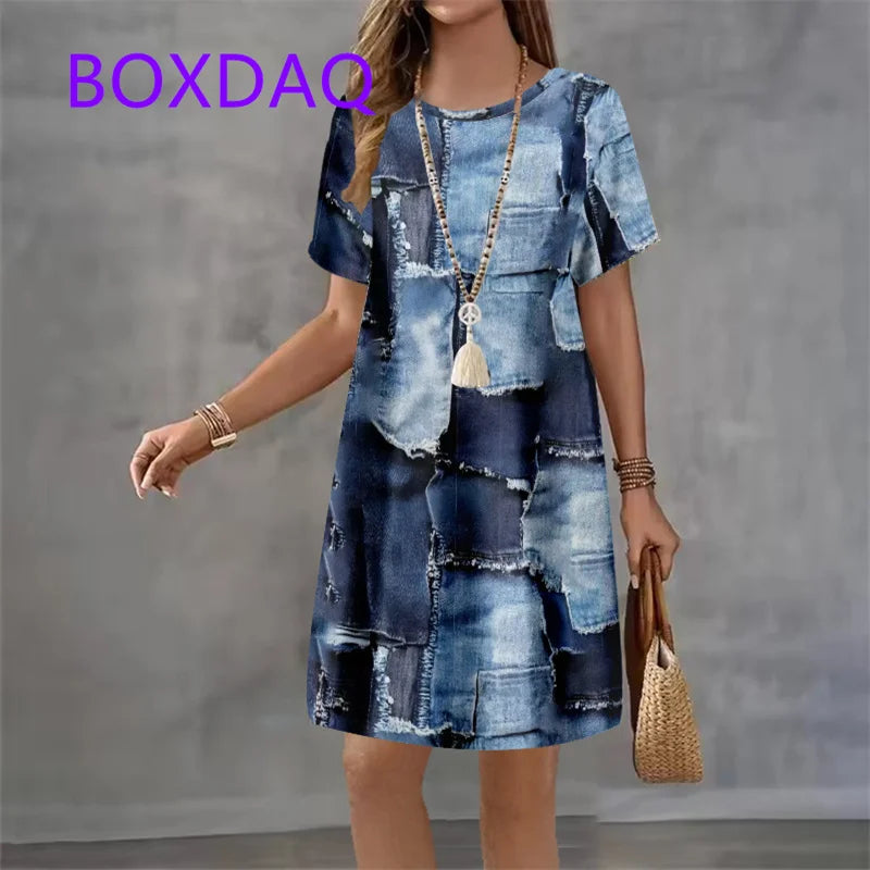 Vestido Curto em Ganga com Estampado e Manga Curta - Veron&Co
