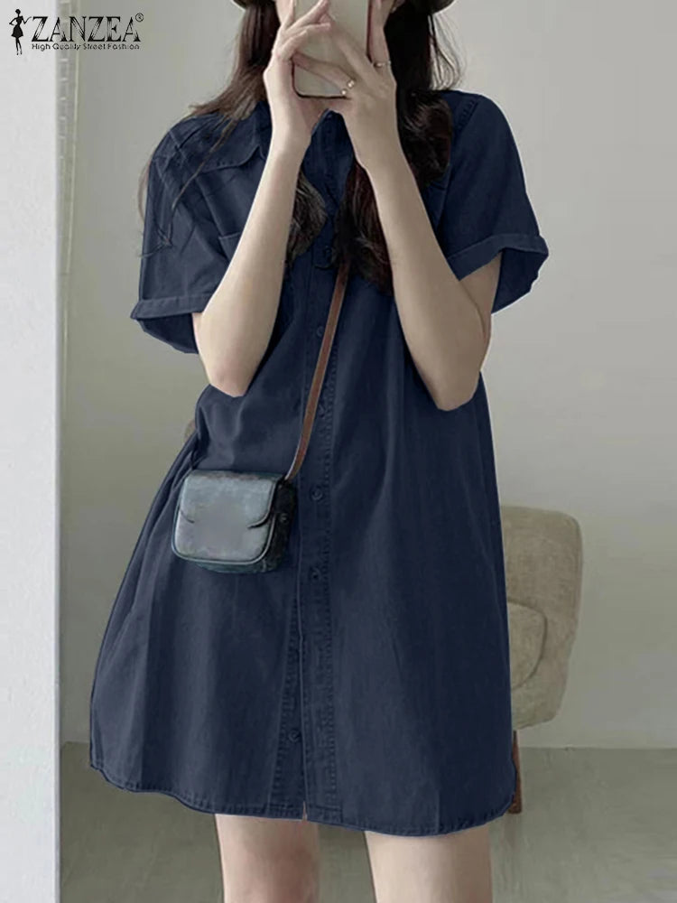 Vestido em Ganga com Corte Camiseiro e Gola Lapela - Veron&Co